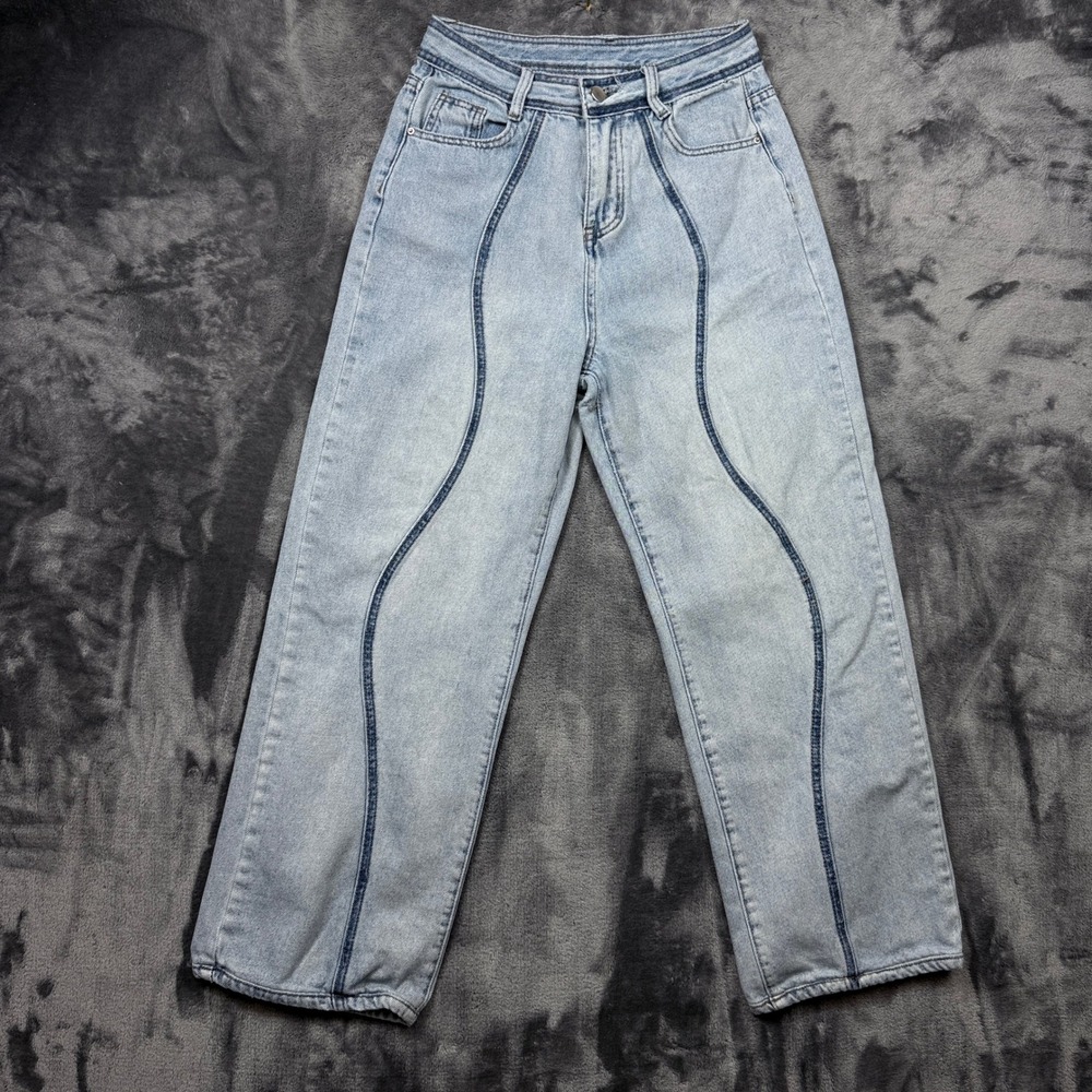 Wide Leg Jeans Womens Size M Light Blue Curved Seam High Rise Denim